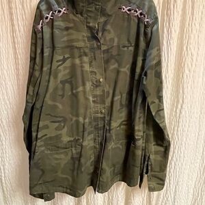 Gilded Intent Camouflage Utility Jacket with Lace-Up Accents